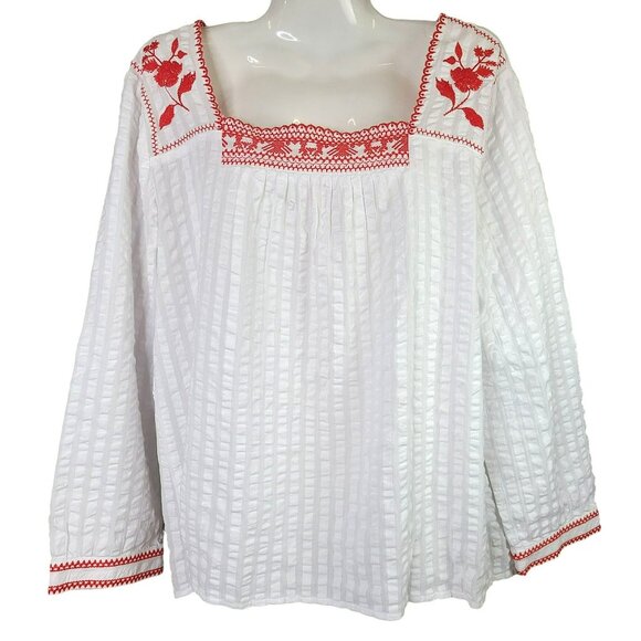 J Crew Top Womens MED White Red Floral Embroidered Seersucker Textured Blouse - Picture 1 of 9